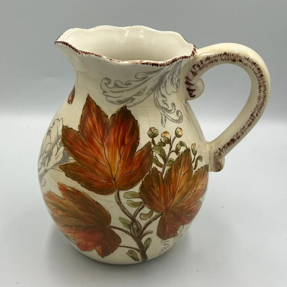 Marshalls Ceramic Harvest Pitcher Fall Leaves Acorns Cream Orange NWOT